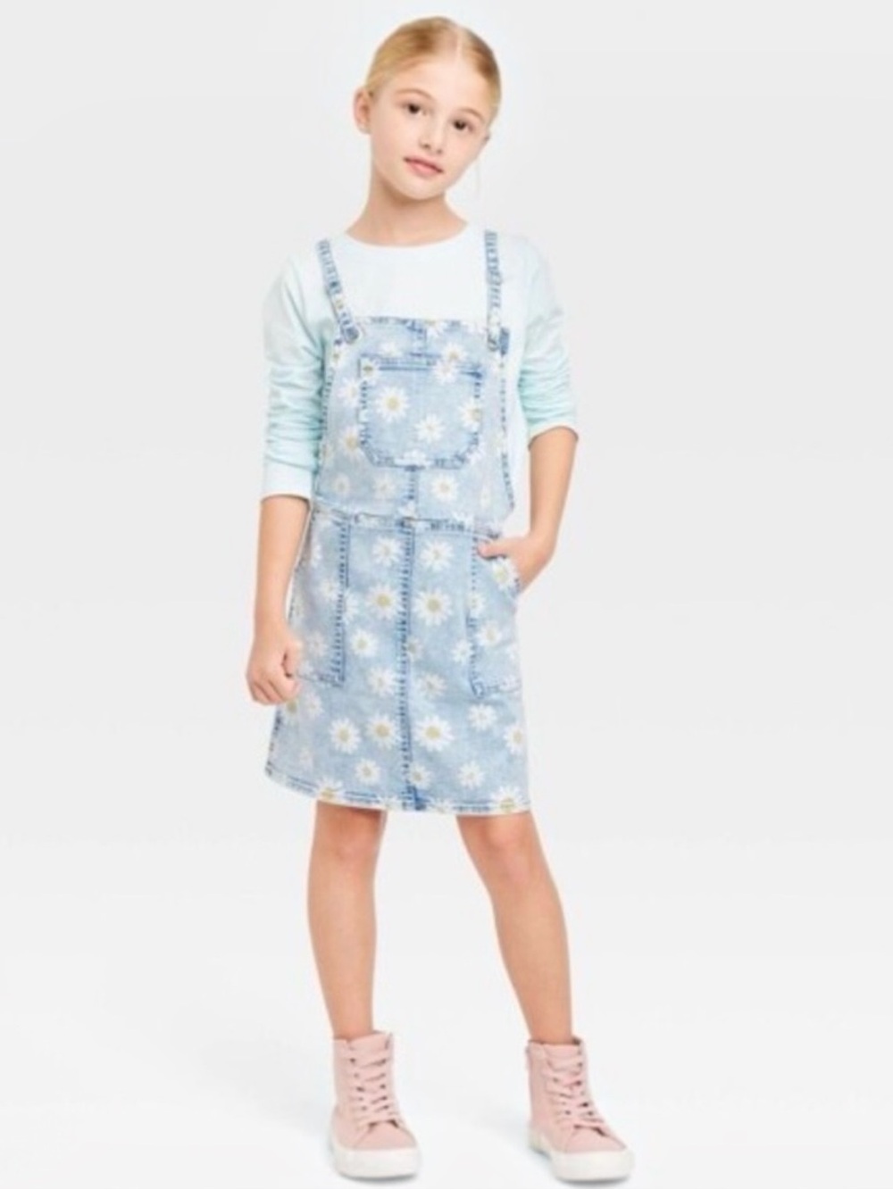 Cat & Jack Light Blue Daisy Denim Overalls Jumper Dress S (6/7)